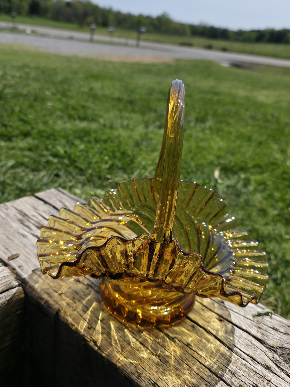Amber Glass Ruffled Basket - Home Art Decorative Accent - Picture 2 of 8